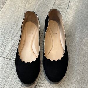 Chloe Black suede Scalloped slip on close to ballet flats 41.5